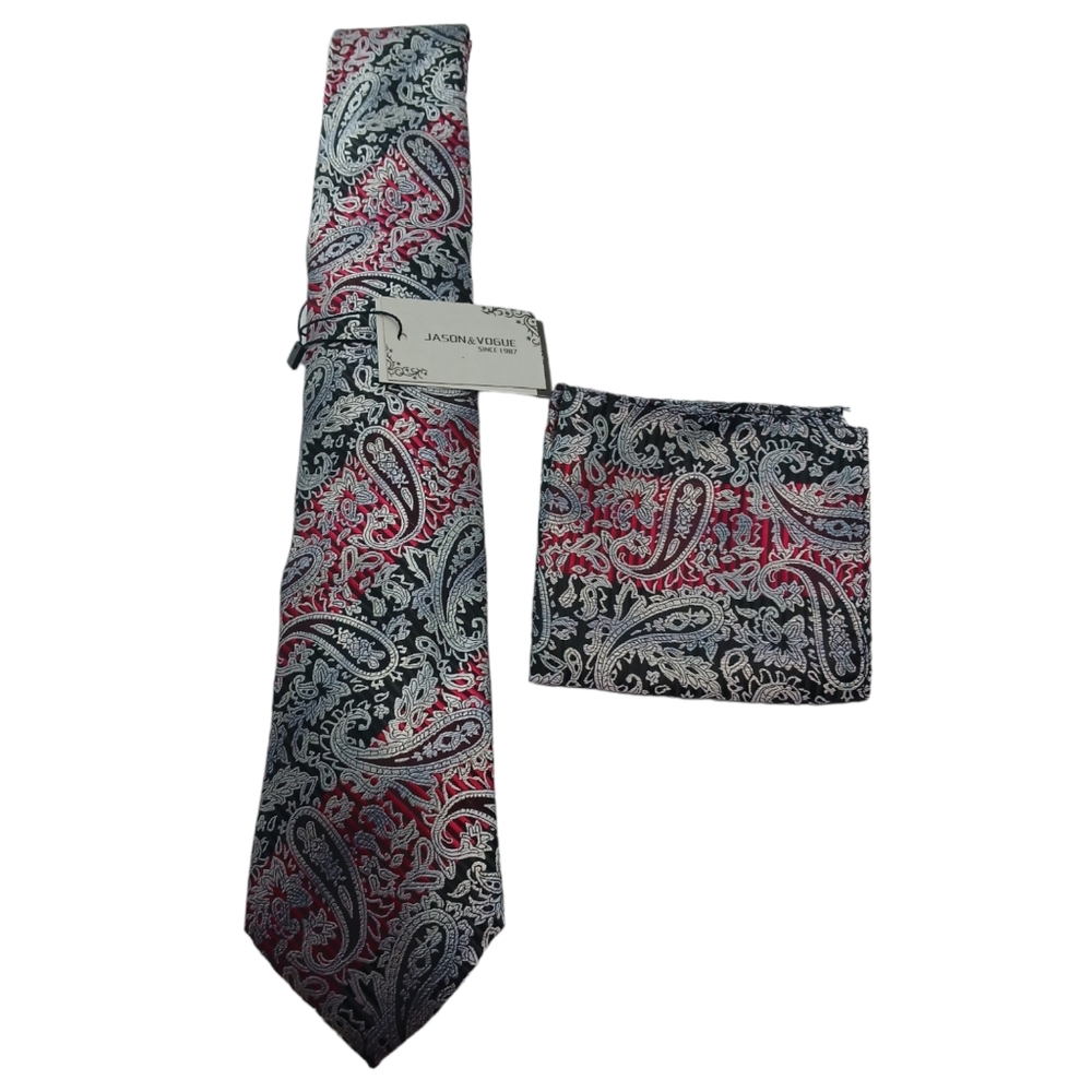 Jason & Vogue Mens Silk Tie & Pocket Square 61" Red Gray